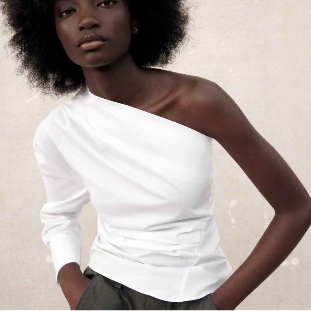 NWT Zara White One Shoulder Poplin Top Size S